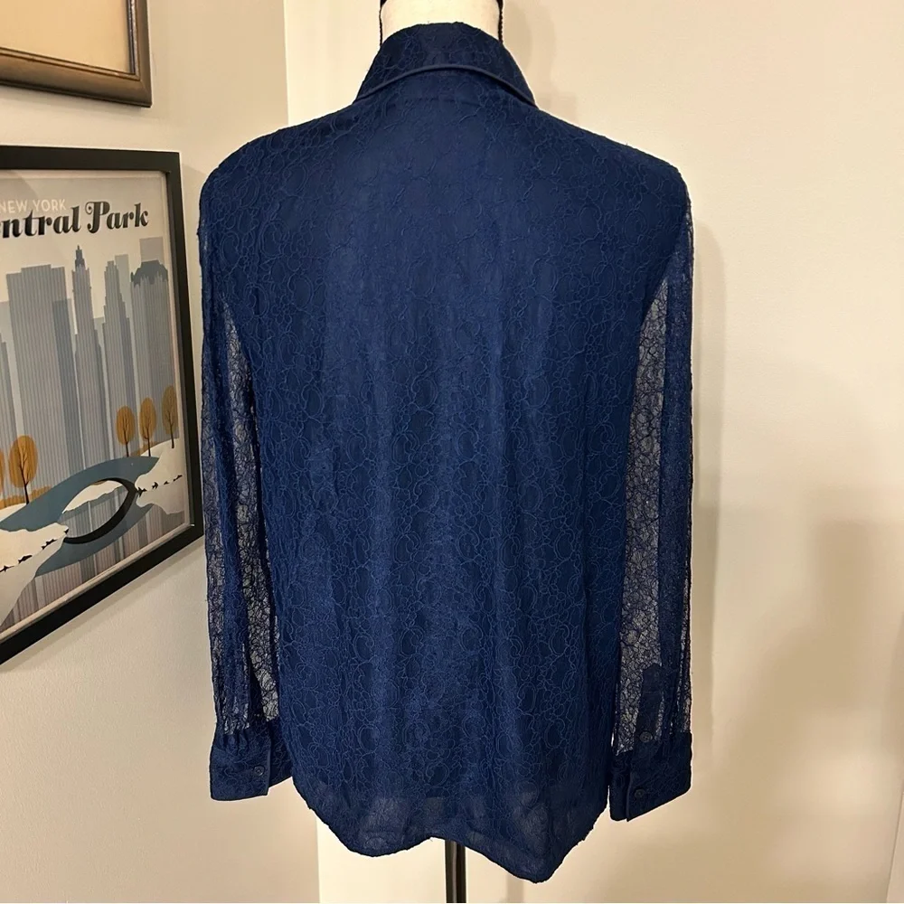 Tory Burch Navy Blue Lace Mesh Long Sleeve Blouse Top Size 8